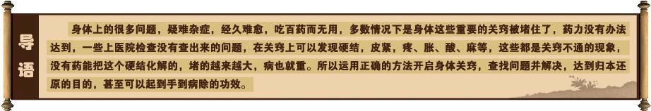 导语：身体上的很多问题，疑难杂症，经久难愈，吃百药而无用，多数情况下是身体这些重要的关窍被堵住了，药力没有办法达到，一些上医院检查没有查出来的问题，在关窍上可以发现硬结，皮紧，疼、胀、酸、麻等，这些都是关窍不通的现象，没有药能把这个硬结化解的，堵的越来越大，病也就重。所以运用正确的方法开启身体关窍，查找问题并解决，达到归本还原的目的，甚至可以起到手到病除的功效。